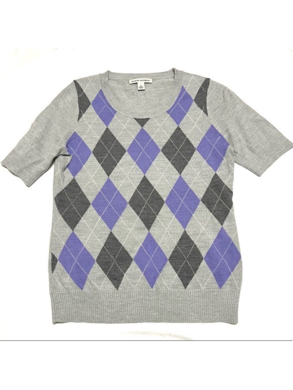 Banana Republic Merino Wool Grey Purple Argyle Short Sleeve Sweater Tee